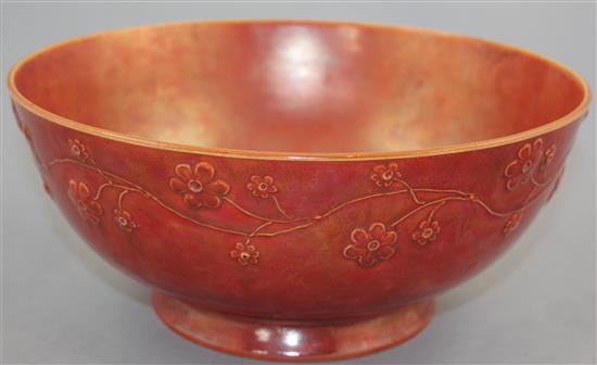 An unusual Ruskin orange lustre bowl, c.1910, 26cm diam.